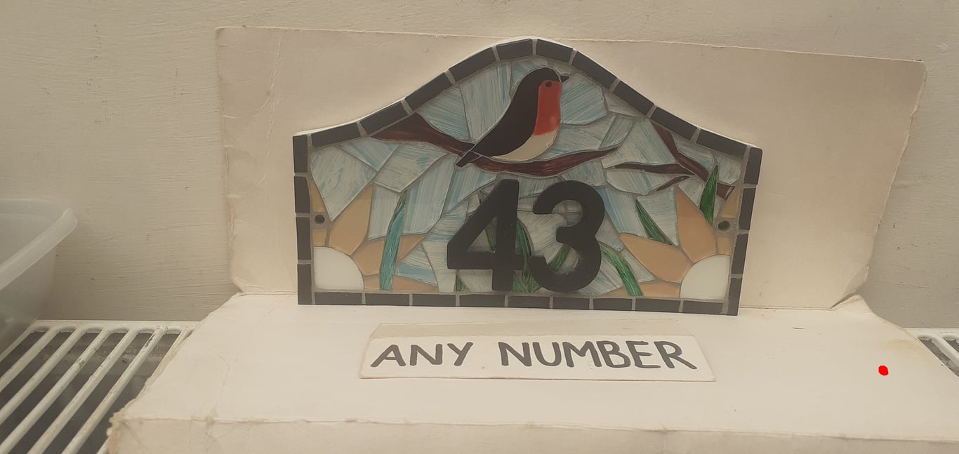 Robin Glass Mosaic House Number Plate Plaque Door Sign 