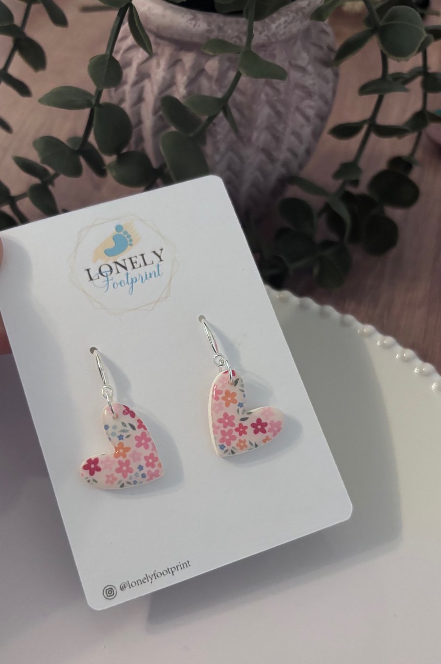 Pink Flower Heart Polymer Clay Earrings - Lightweight Handmade Earrings 