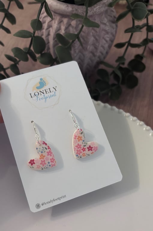 Pink Flower Heart Polymer Clay Earrings - Lightweight Handmade Earrings 