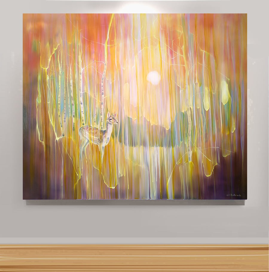 An Awakening, deer in a landscape of lakes, mountains and forests.