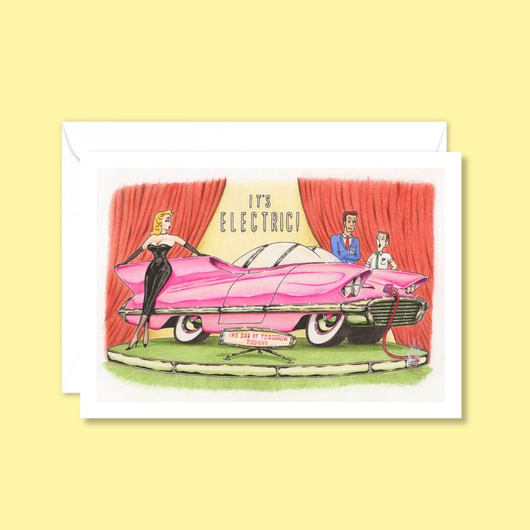 Retro Style Greeting Card: Hand Drawn Electric Car Cartoon (327)