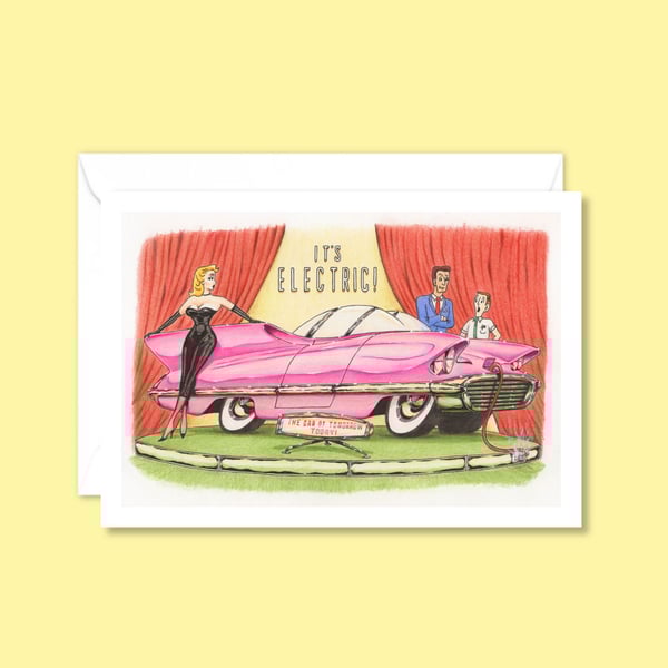 Retro Style Greeting Card: Hand Drawn Electric Car Cartoon (327)