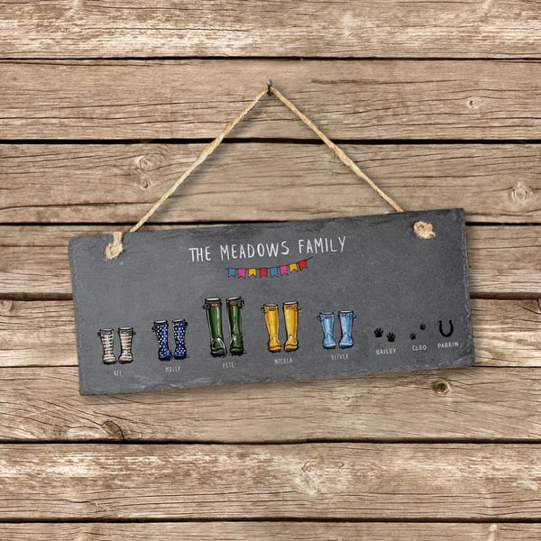 Welly Boot Family Personalised - Long Slate Sign