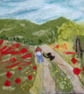 Textile art picture -  Walking the dog through poppy fields.    Needle felt