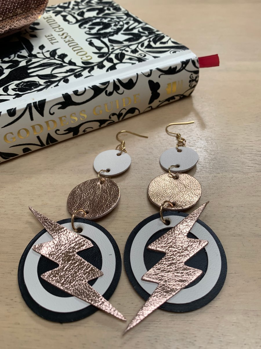 Handmade gold metallic leather lightning bolt earrings free gift wrap 