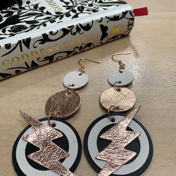 Handmade gold metallic leather lightning bolt earrings free gift wrap 