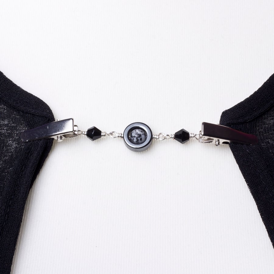 Gemstone sweater clip - Hematite and sesame jasper cardigan guard - Shawl clasp 