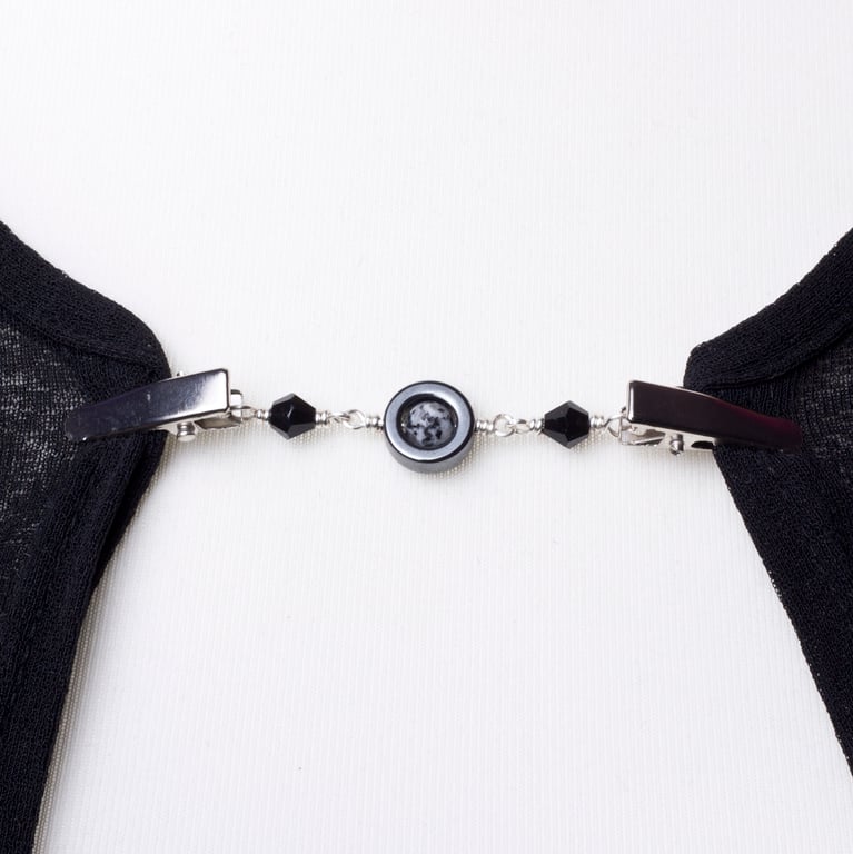 Gemstone sweater clip - Hematite and sesame jasper cardigan guard - Shawl clasp 