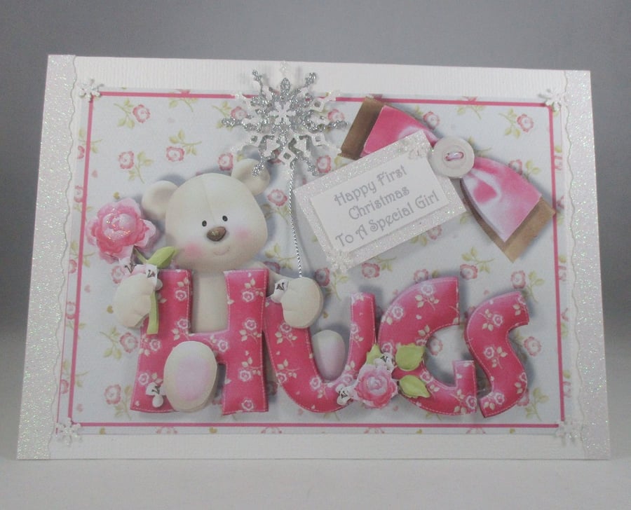 First Christmas Cute Bear Greeting Card, baby girl.granddaughter, daughter, 3D,