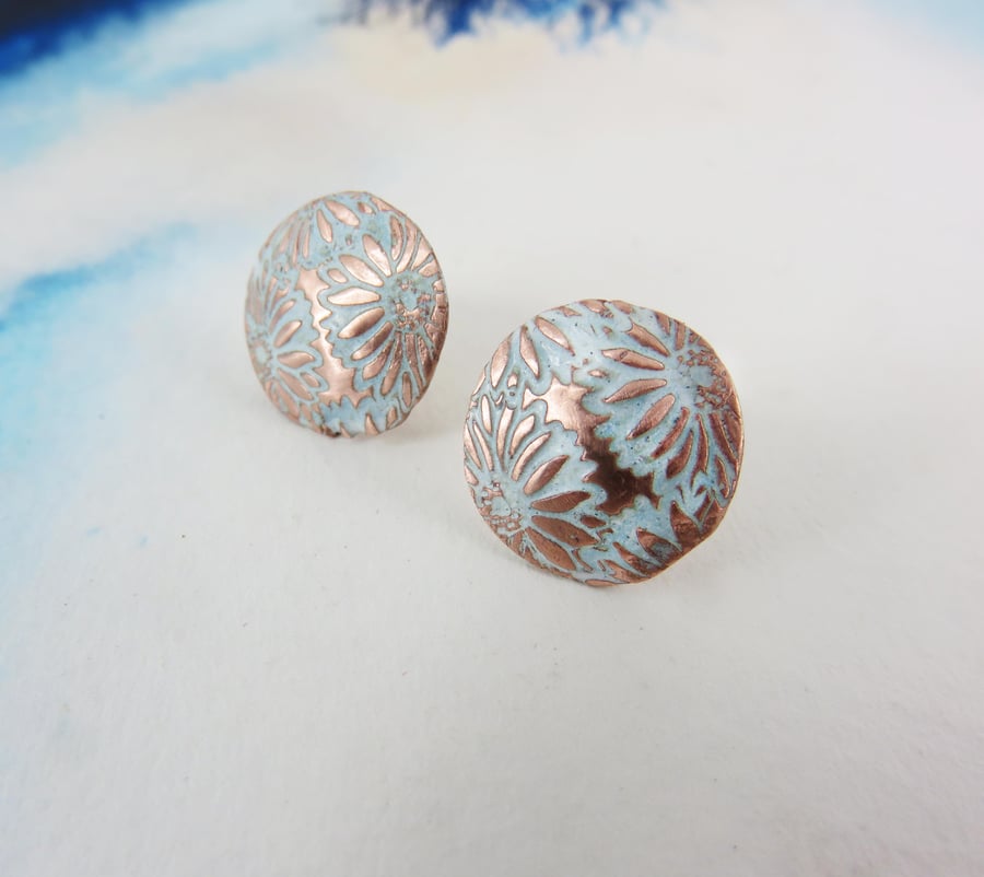 Enamel and Textured Copper Stud Earrings