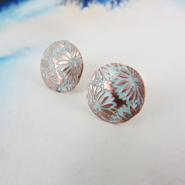 Enamel and Textured Copper Stud Earrings