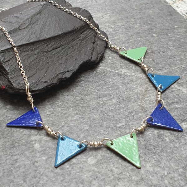 Blue and green enamel bunting flag necklace, Sterling silver and copper