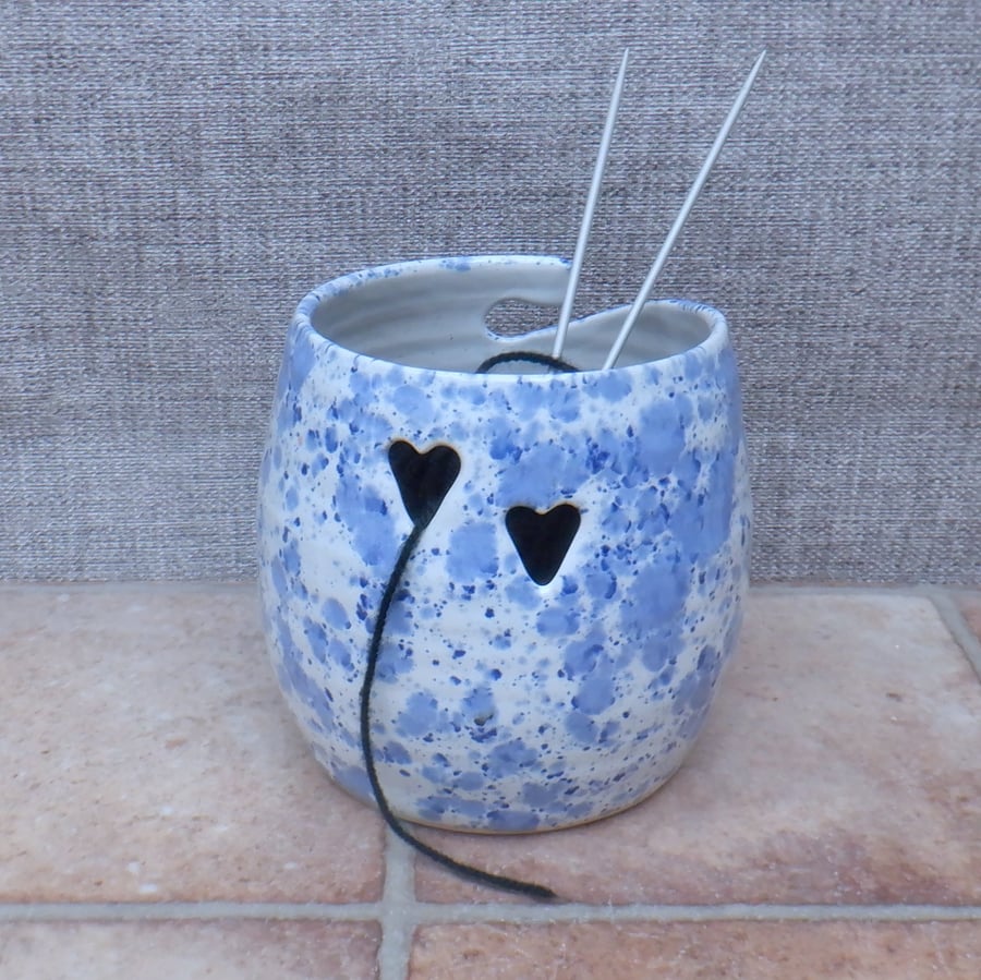 Handmade Ceramic Yarn Bowl Large Stoneware Pottery blue and white with hearts