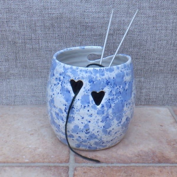 Handmade Ceramic Yarn Bowl Large Stoneware Pottery blue and white with hearts