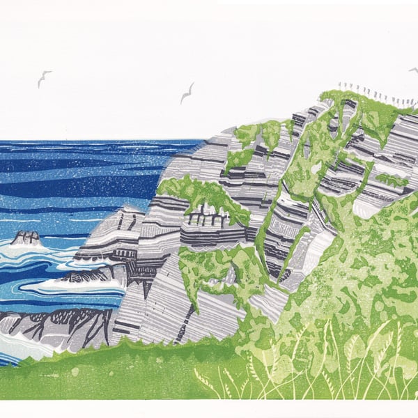 Kerry Cliffs LINO PRINT IRELAND COAST LANDSCAPE