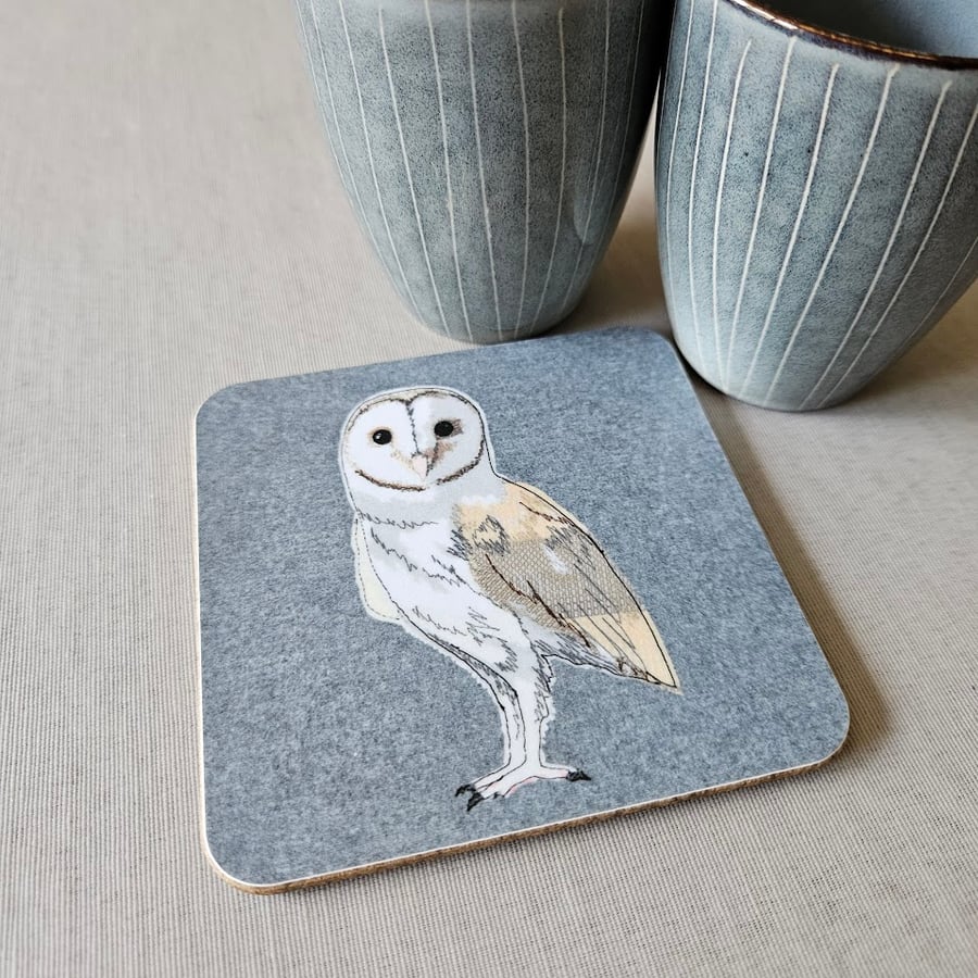 Barn owl coaster, melamine, cork backed