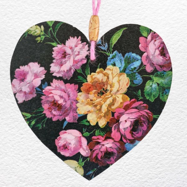Decoupaged Wooden Hanging Heart 15cm (6"): Pink Yellow Rose design