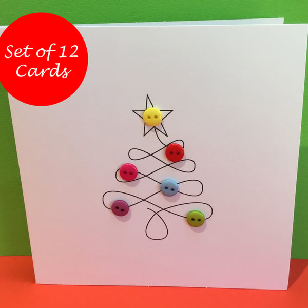 Christmas Card Set - Pack of 12 Christmas Cards - Christmas Tree with Button Bau