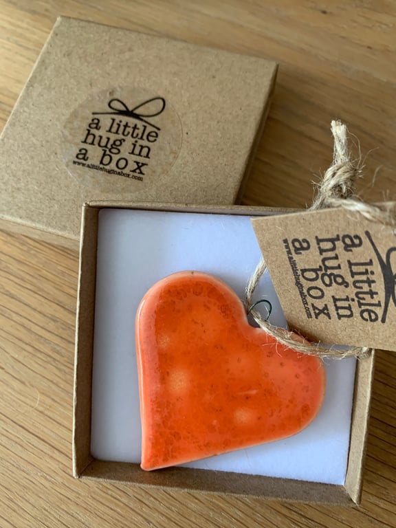  A Little Hug in a Box Hand Made Orange Speckled Porcelain Heart  