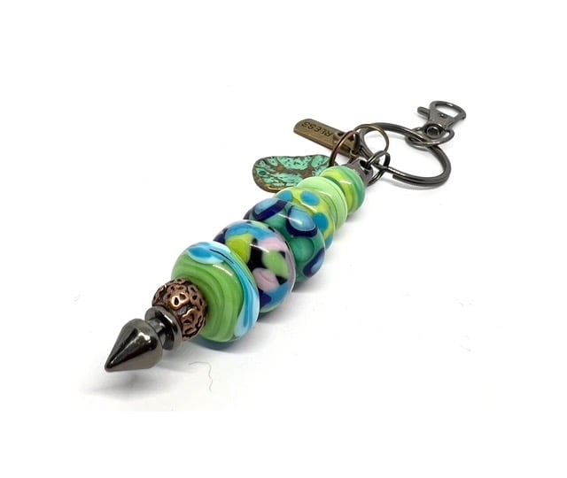 Handmade Lamp-work Glass Beaded Bag Charm  Keyring with Charms Unique Gift