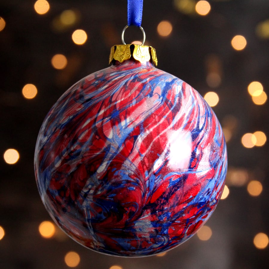 Red blue and silver double marbled luxury ceramic bauble