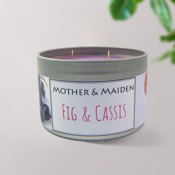 Fig & Cassis Scented Candle, Soy Wood Wick Tin, 200g Weight, Mothers Day Ideas