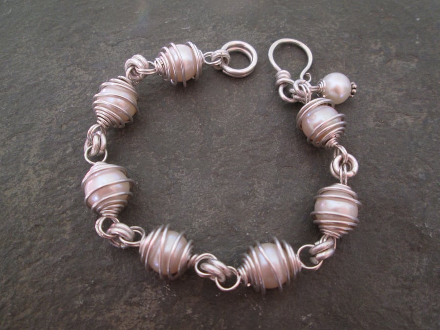 Pearl and Silver Wire Bracelet - Wire Wrapped Jewellery, Wedding Bridal Bracelet