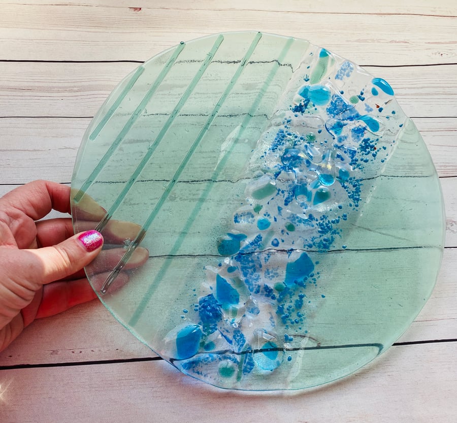 Stunning aqua fused glass platter, glass dish 