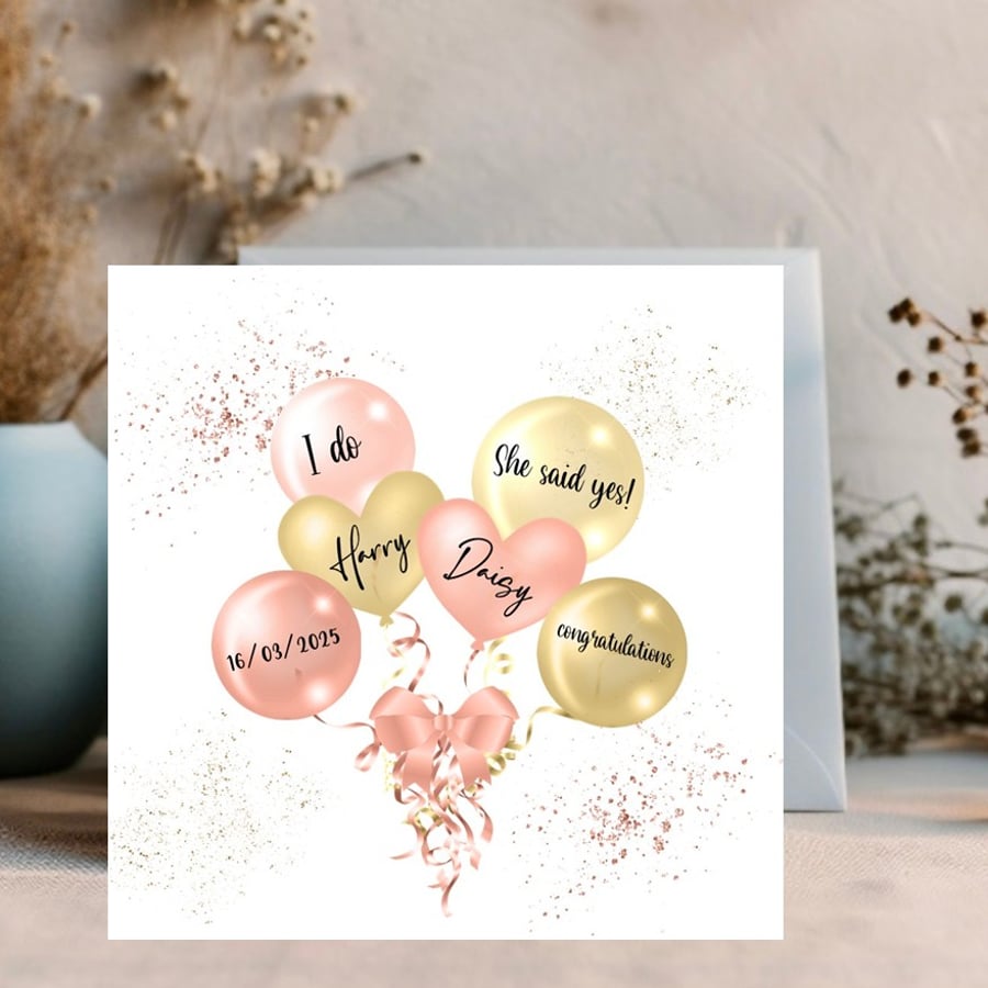 Beautiful Rose Gold Balloons Personalised Engagement and Congratulations card