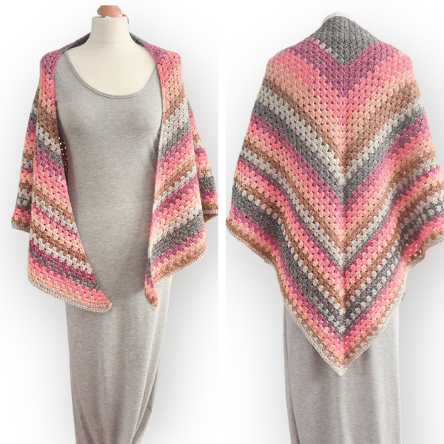 Triangle Crochet Shawl in Variegated Pink, Purple, and Grey – Lightweight & Cosy