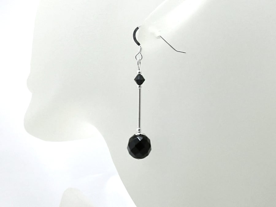 Faceted Black Onyx Earrings With Premium Crystals & Sterling Silver Tubes