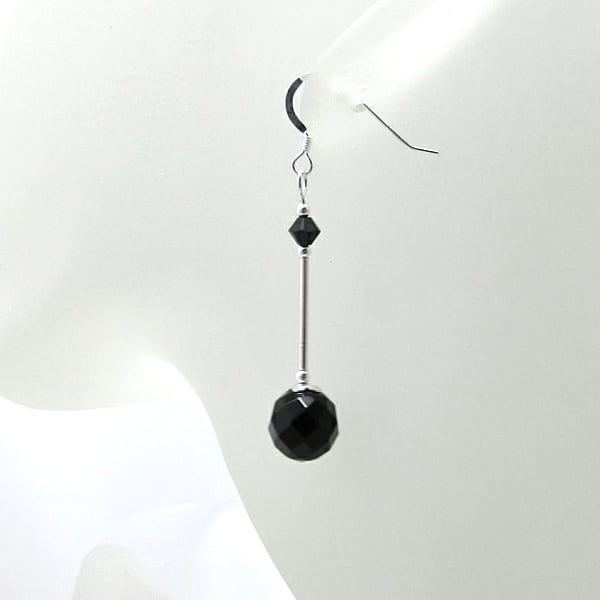 Faceted Black Onyx Earrings With Premium Crystals & Sterling Silver Tubes