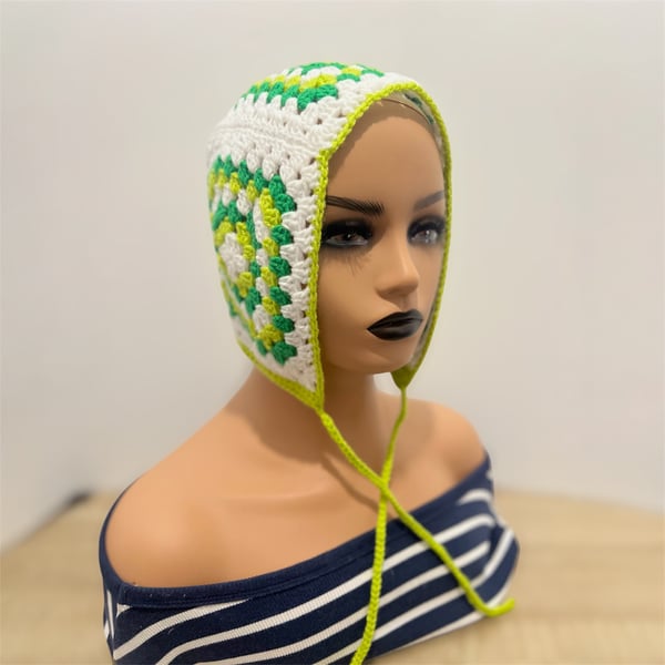 Handmade Crochet Festival Bonnet – Green & white Granny Square Hat
