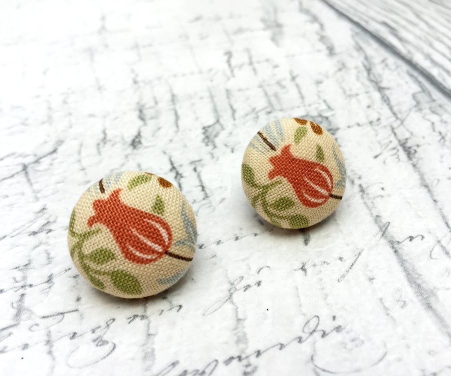 Russet Tulip fabric button stud earrings William Morris pattern - Seconds Sunday