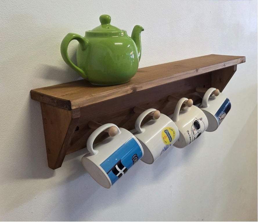 Handcrafted Wooden Mug Rack Artisanal Kitchen Shelf with Cup Pegs Made in Cornwa