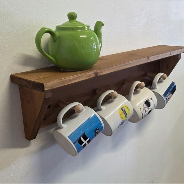 Handcrafted Wooden Mug Rack Artisanal Kitchen Shelf with Cup Pegs Made in Cornwa