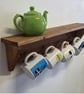 Handcrafted Wooden Mug Rack Artisanal Kitchen Shelf with Cup Pegs Made in Cornwa