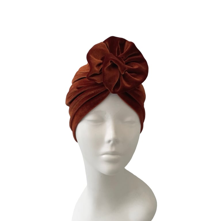 Burn Orange Velvet Turban Hat for Women Soft Comfy Rust Vintage Style Turban Hat