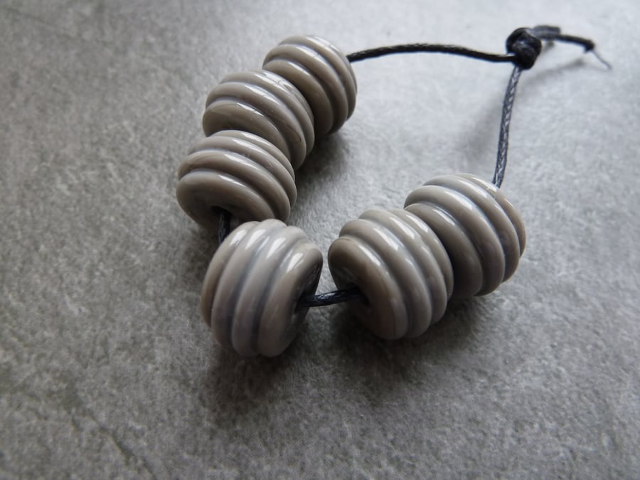 lampwork glass beads, grey ribbed set