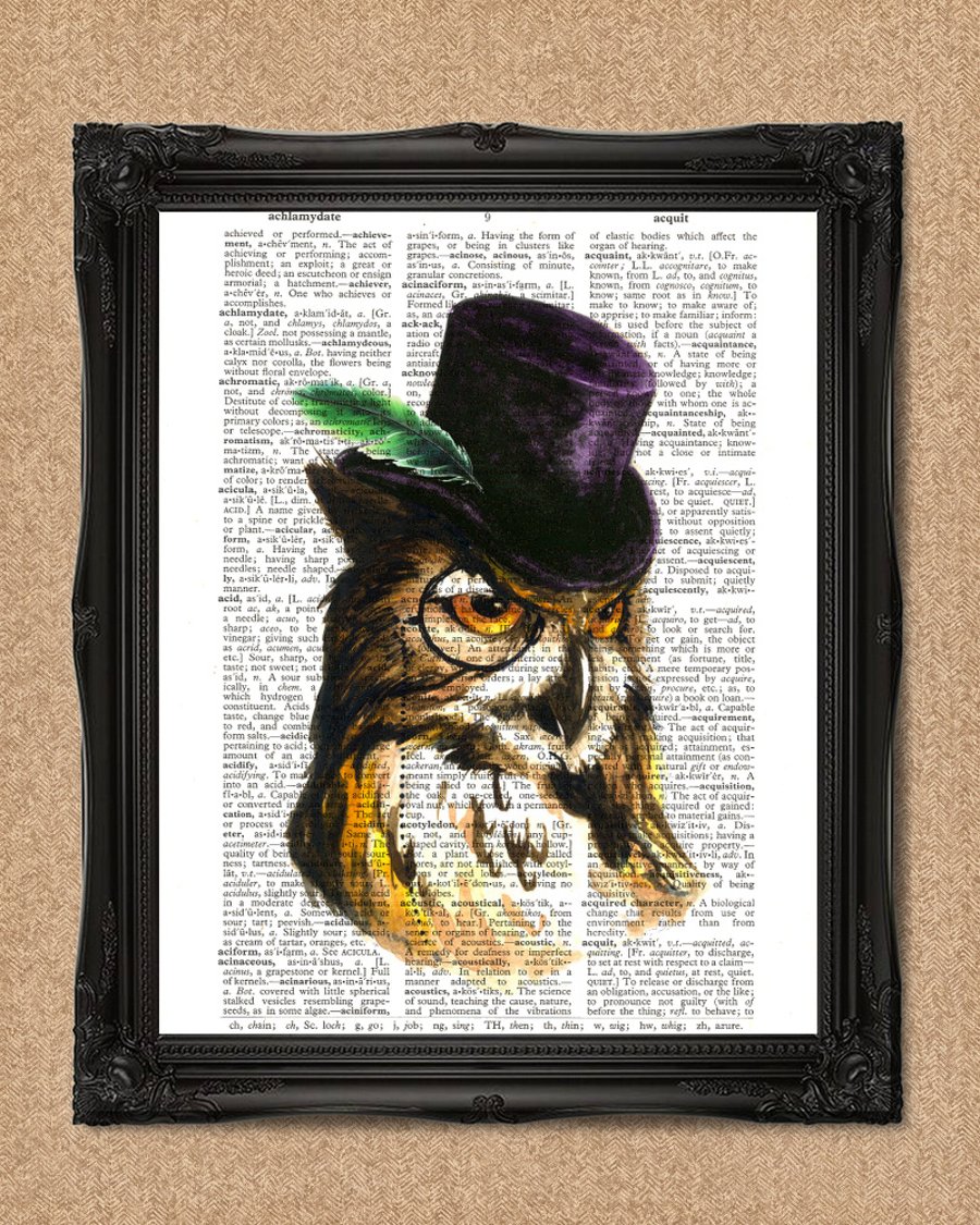OWL DICTIONARY PRINT woodland bird illustration in a hat A019D