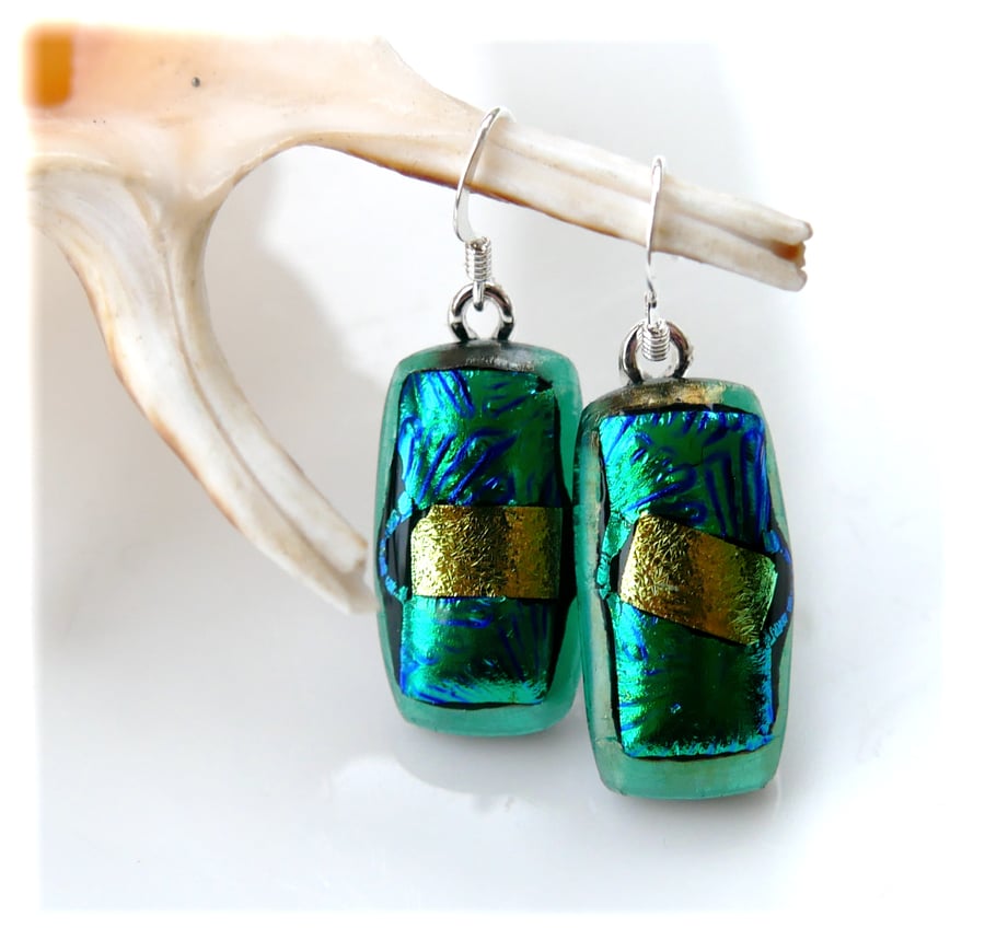 Dichroic Glass Earrings 308 Golden Emerald Handmade Fused 
