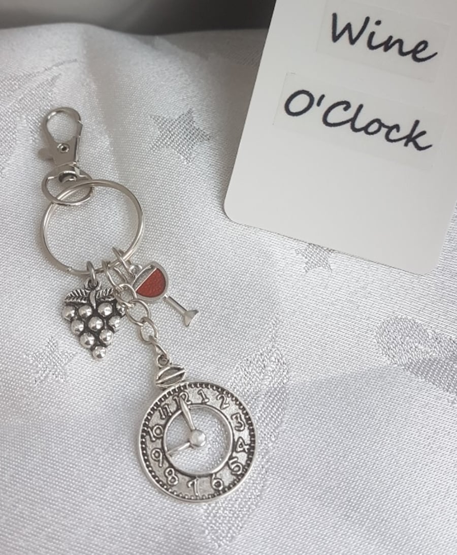 Gorgeous Wine Time Key Ring - Key Chain Bag Charm - Silver tones