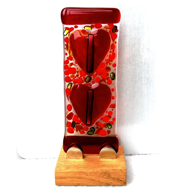 Fused Glass Heart Picture Free Standing on Oak Stand Love Hearts Suncatcher