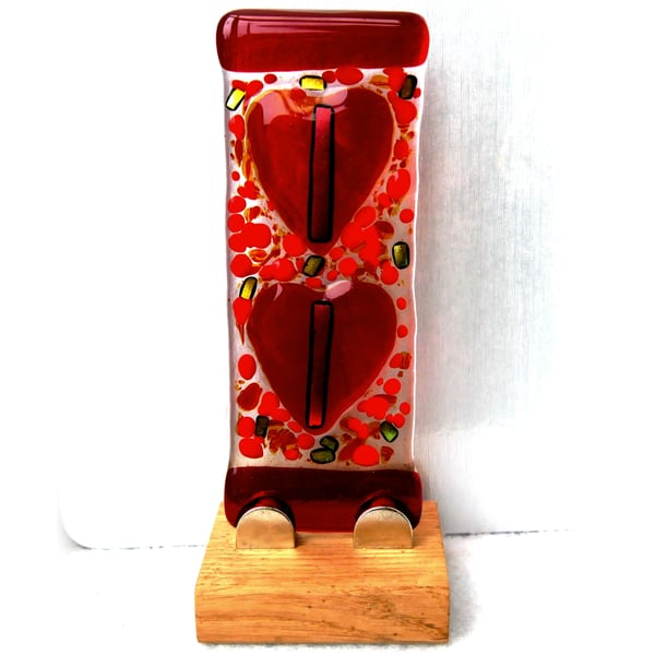 Fused Glass Heart Picture Free Standing on Oak Stand Love Hearts Suncatcher