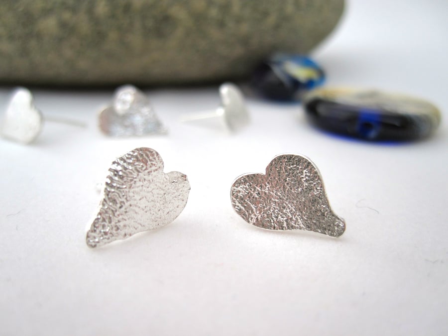 Heart Silver Stud Earrings  UK Eco Sterling Silver Reticulated Metalsmith.