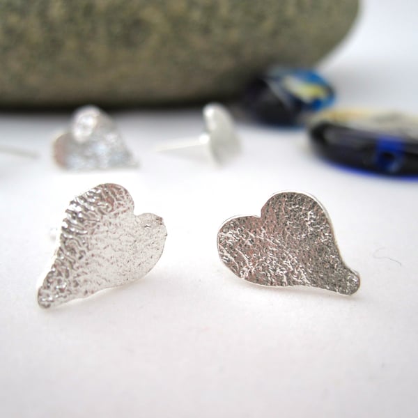 Heart Silver Stud Earrings  UK Eco Sterling Silver Reticulated Metalsmith.