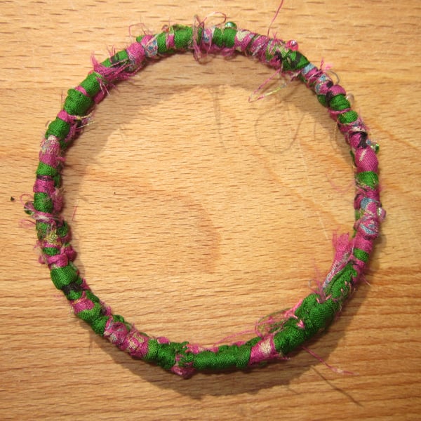 Textile bangle 'Fuschia' small to medium - recycled sari silk