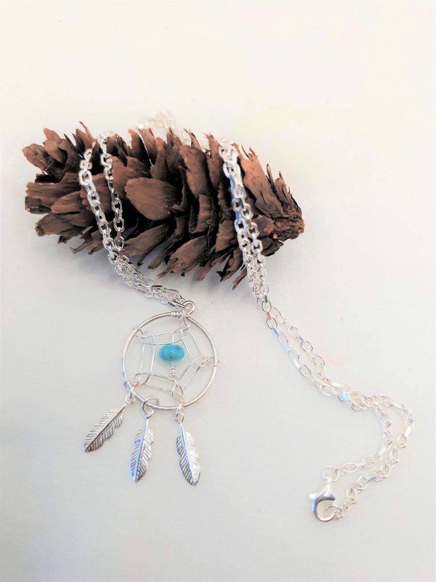 Real Turquoise Dreamcatcher Pendant, Long Necklace in Sterling Silver