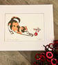 Mounted Christmas cat with bauble reduction lino print 