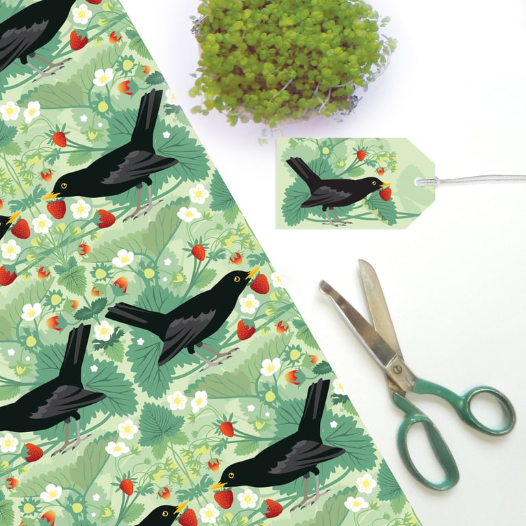 Eco Gift Wrap – Blackbird & Strawberries, Garden-Inspired Design